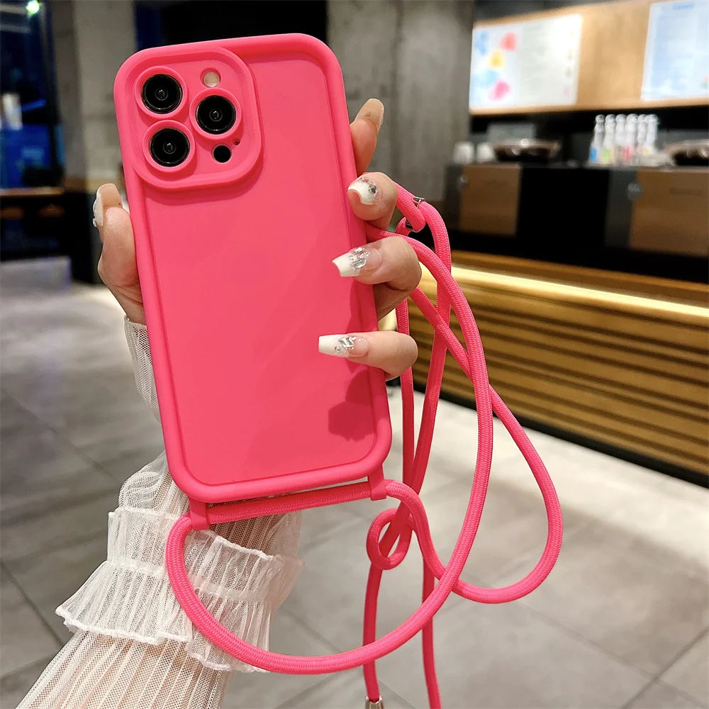 Phone Case For iPhone 14 13 15 16 Pro Max 17 Air 16E 12 11 X XS 8 Plus SE2022 Crossbody Adjustable Lanyard Strap Rope Soft Cover