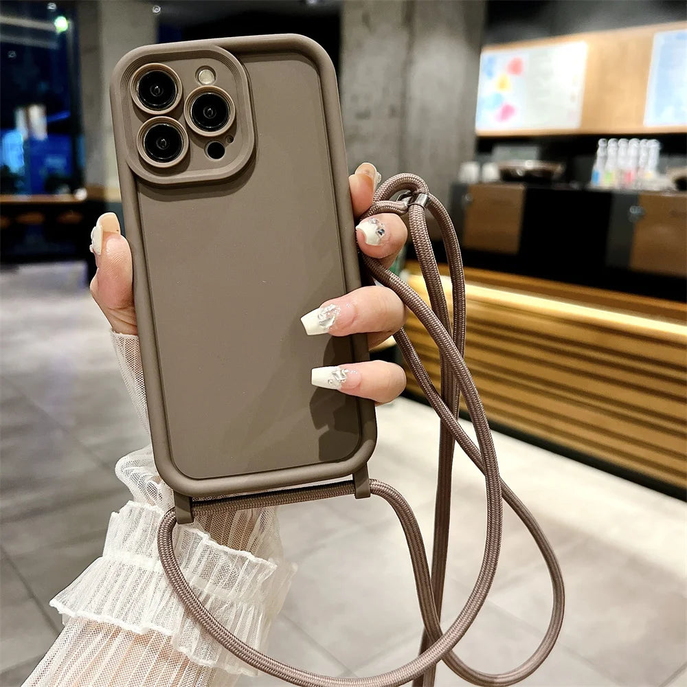 Phone Case For iPhone 14 13 15 16 Pro Max 17 Air 16E 12 11 X XS 8 Plus SE2022 Crossbody Adjustable Lanyard Strap Rope Soft Cover